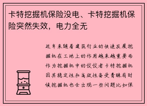 卡特挖掘机保险没电、卡特挖掘机保险突然失效，电力全无